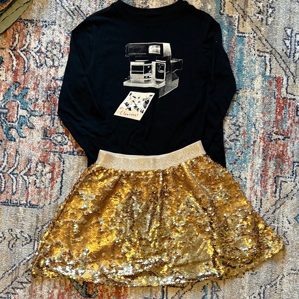 Cat & Jack Black Graphic Long Sleeve Tee and Gold Skirt Kids Outfit